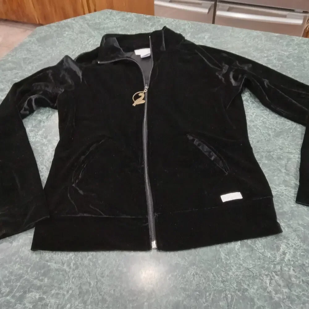 Baby Phat Track Jacket Women's Black Sz S Cat Embossed Velvet Zip Up 90's Y2K - Picture 1 of 13